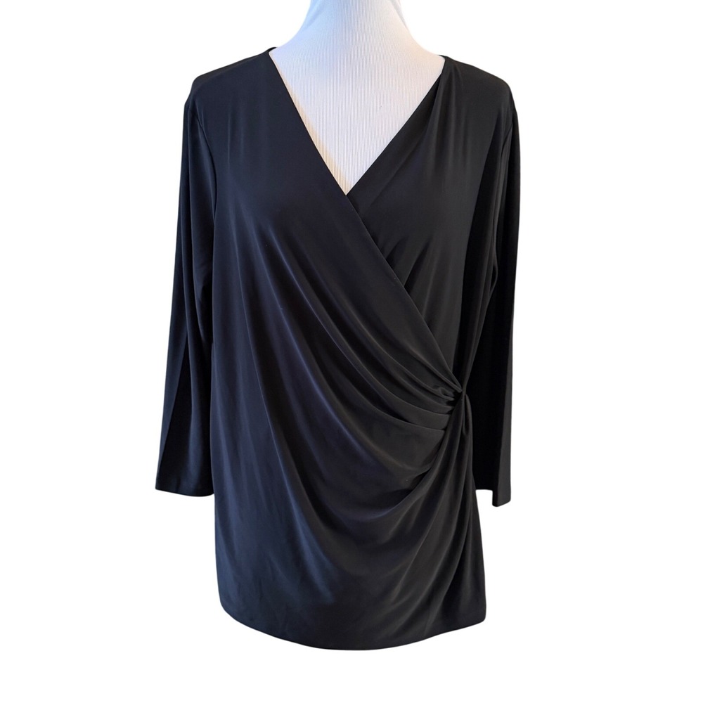 NIC+ZOE Wrap Tunic Top Women XL Black Long Sleeve V-Neck Drape Jersey